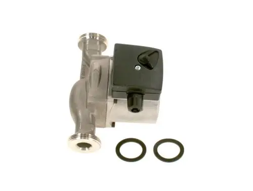 Bosch-Pumpe mit einem motorisierten Gehäuse und zwei Anschlussöffnungen, begleitet von zwei O-Ringen.